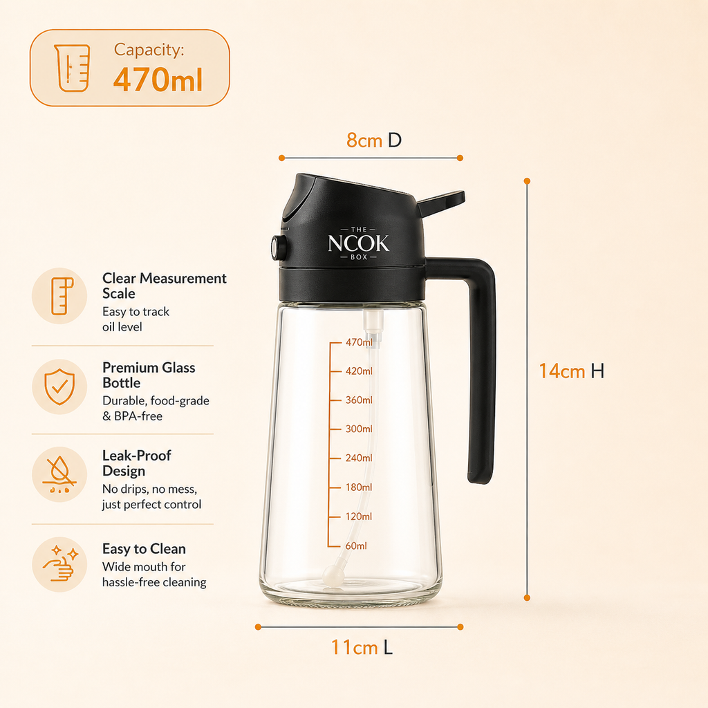 THE NOOK BOX™ 2-in-1 Glass Oil Dispenser & Sprayer (500ml) – Dual Spray & Pour, Anti-Drip Nozzle, BPA-Free, Premium Kitchen Oil Bottle