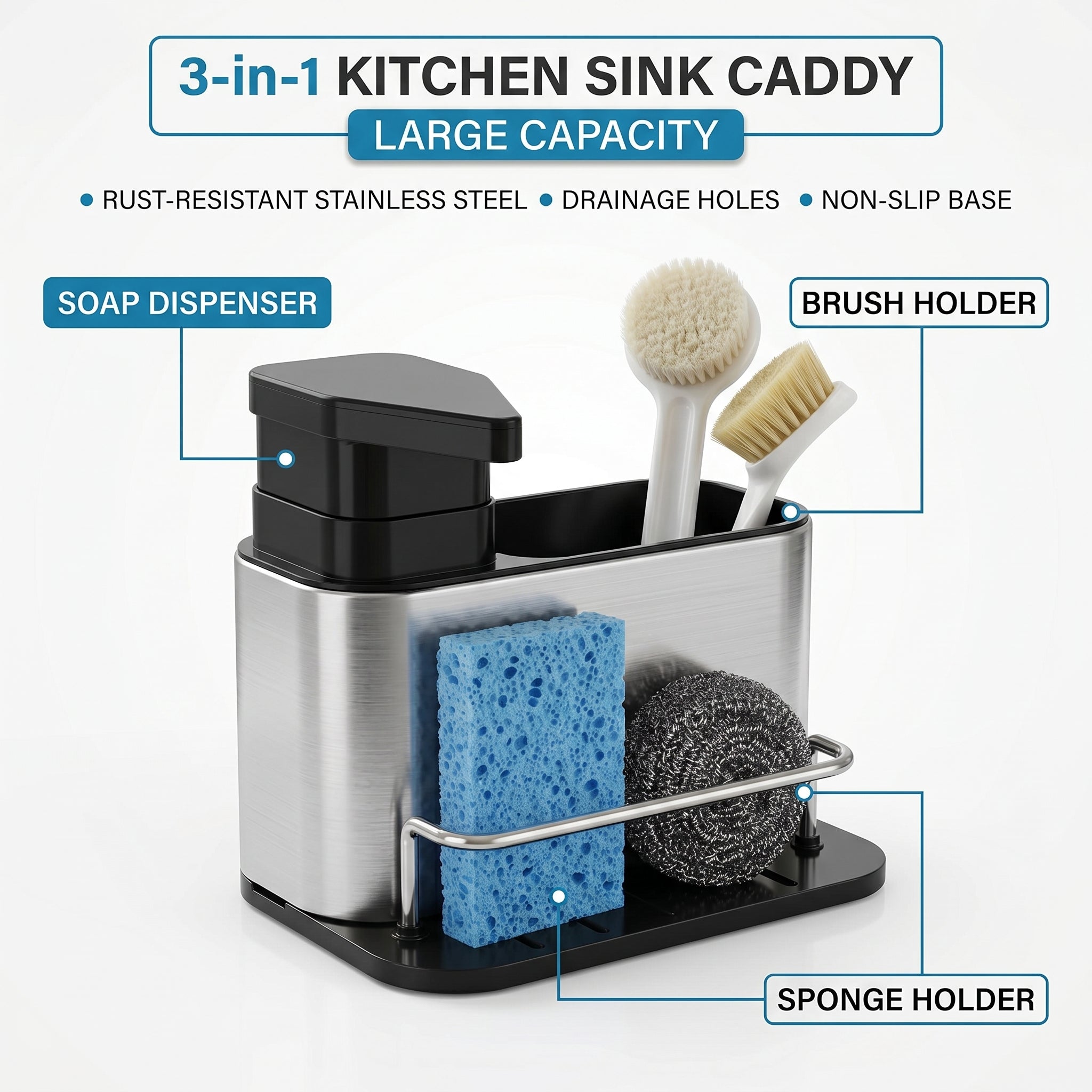 The Nook Box 3-in-1 Sink Organizer with Soap Dispenser.