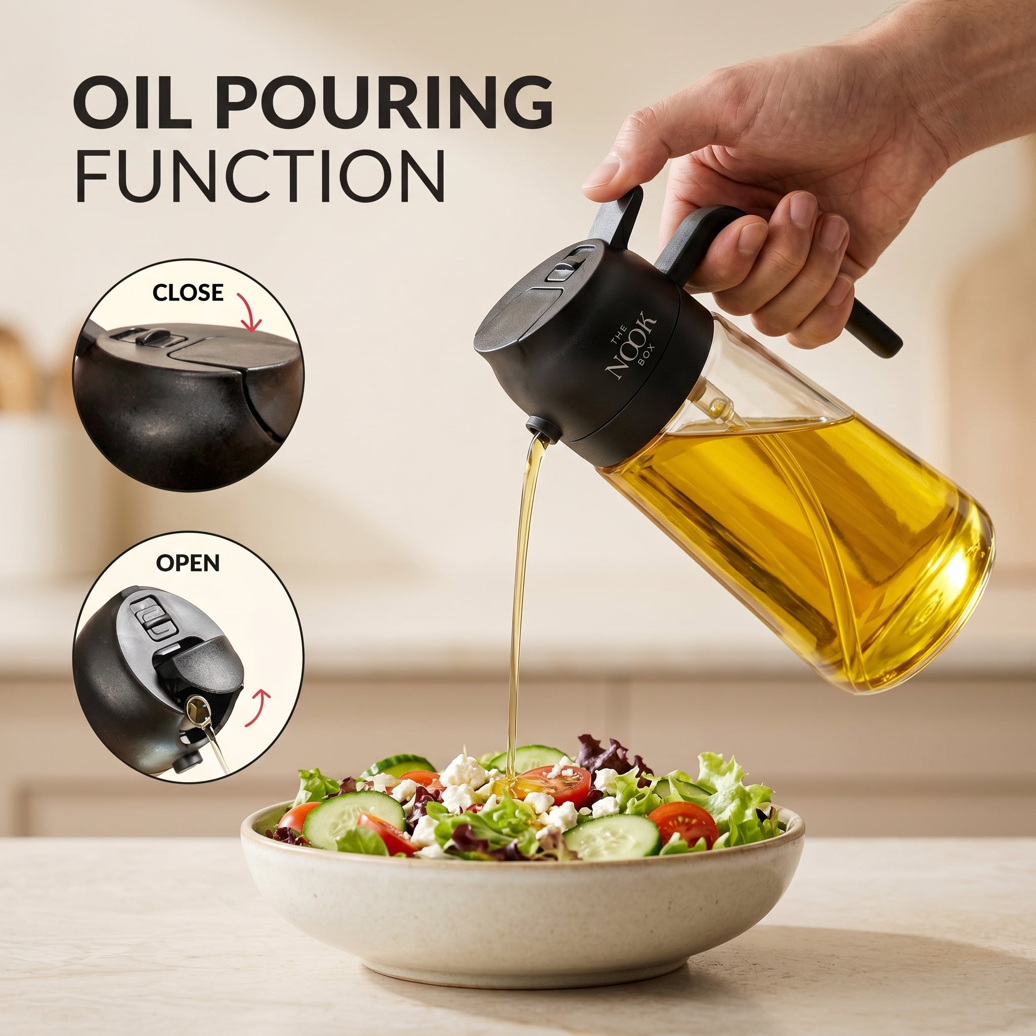 THE NOOK BOX™ 2-in-1 Glass Oil Dispenser & Sprayer (500ml) – Dual Spray & Pour, Anti-Drip Nozzle, BPA-Free, Premium Kitchen Oil Bottle